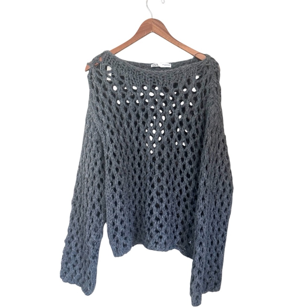 Zara Charcoal Gray Open-Knit Crewneck Sweater